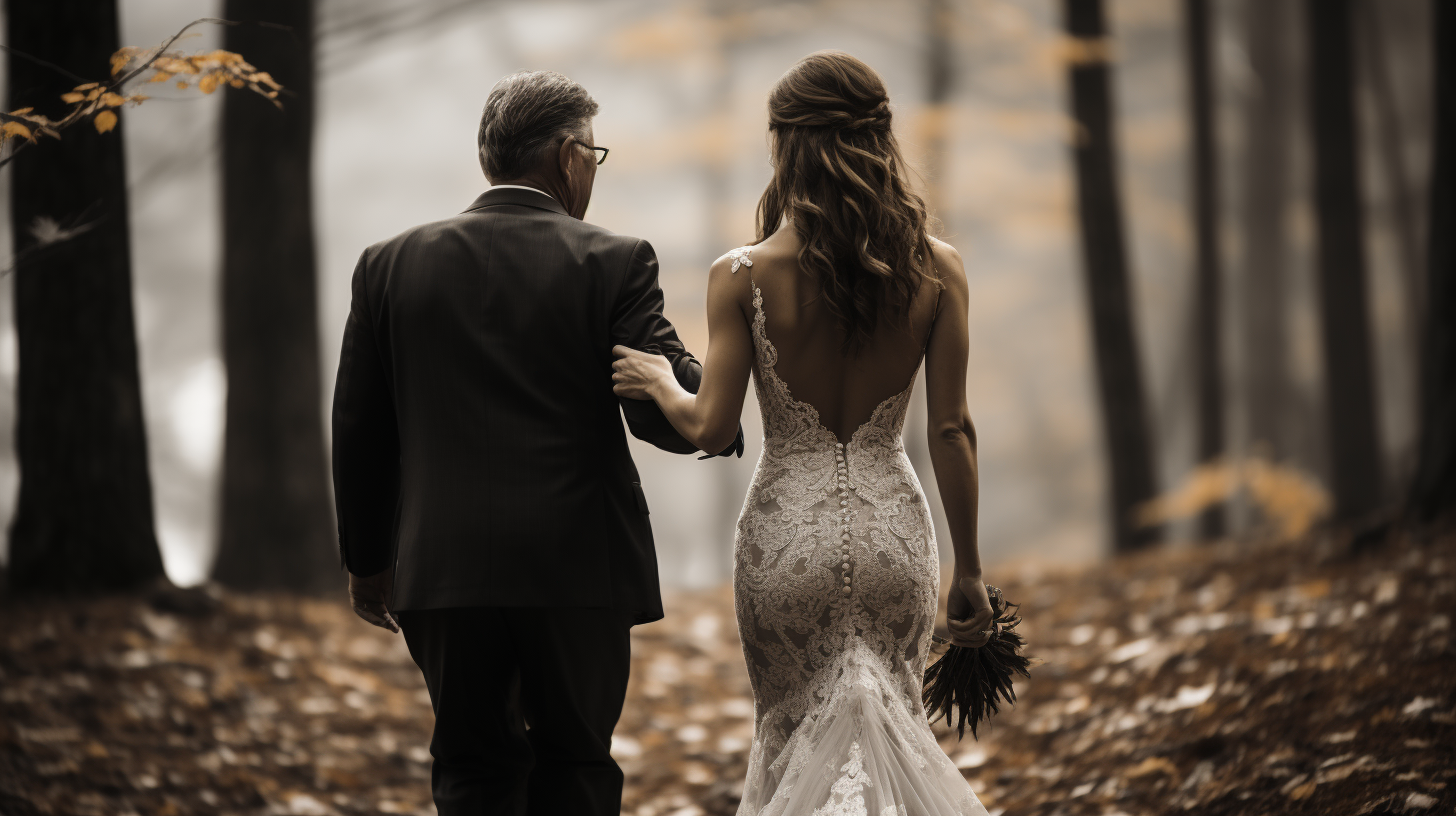 Bride and Father Walking Arm in Arm