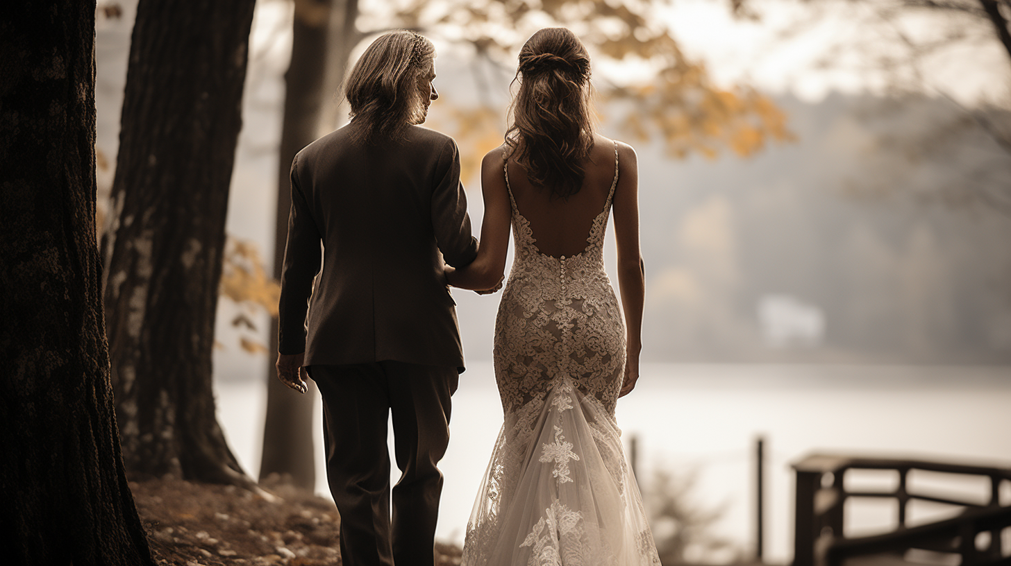 Emotional bride and father walking at wedding