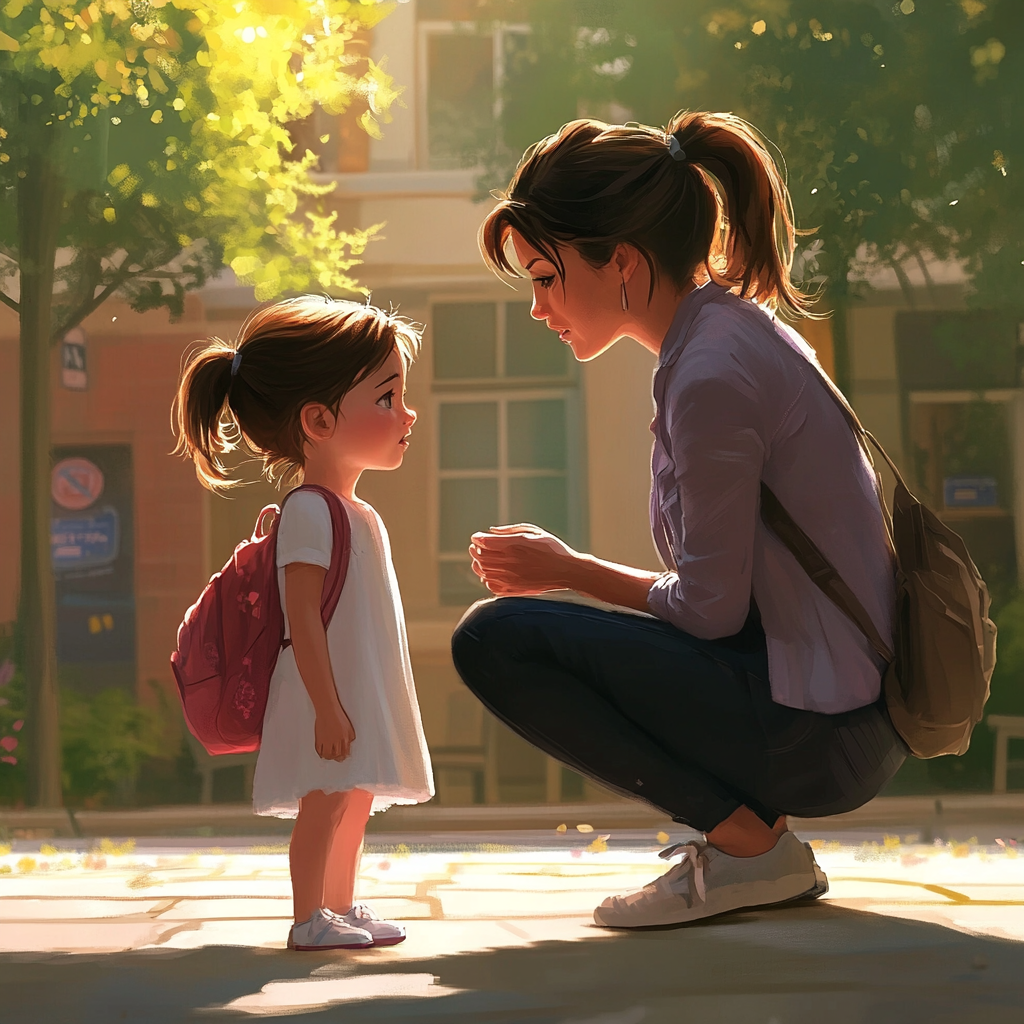 Mother and daughter chatting at kindergarten