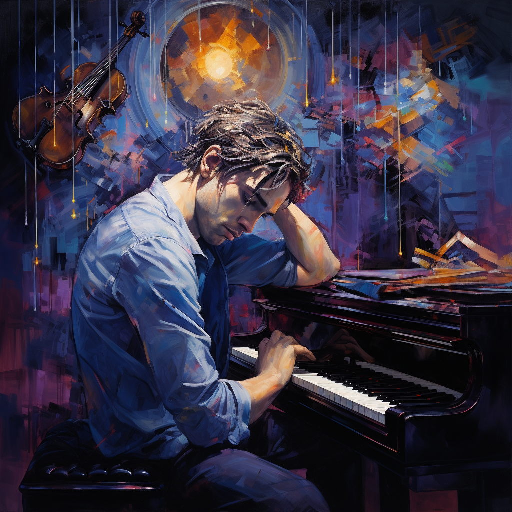 Depicting emotionless piano player lost in thought