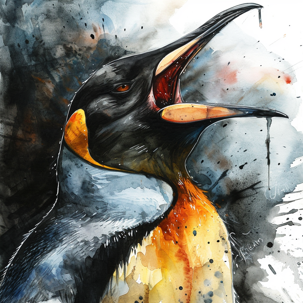 Aggressive Emperor Penguin in Watercolor Fantasy Art