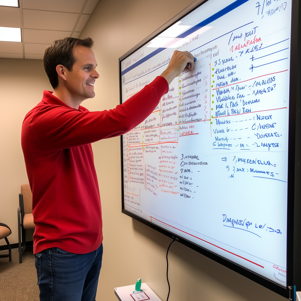 Employee testing dry erase markers on whiteboard