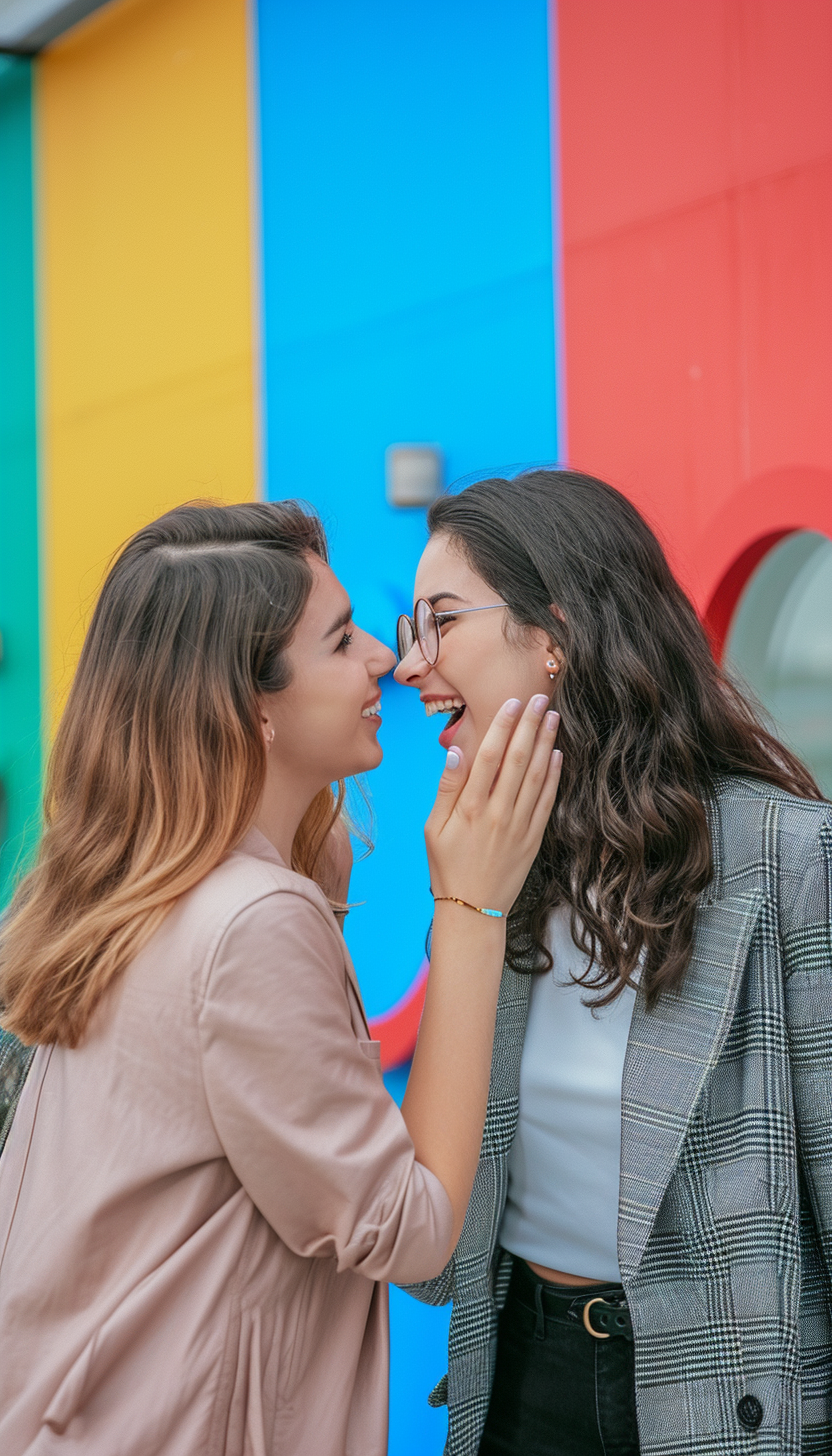 Whispering secret between female employees outside building