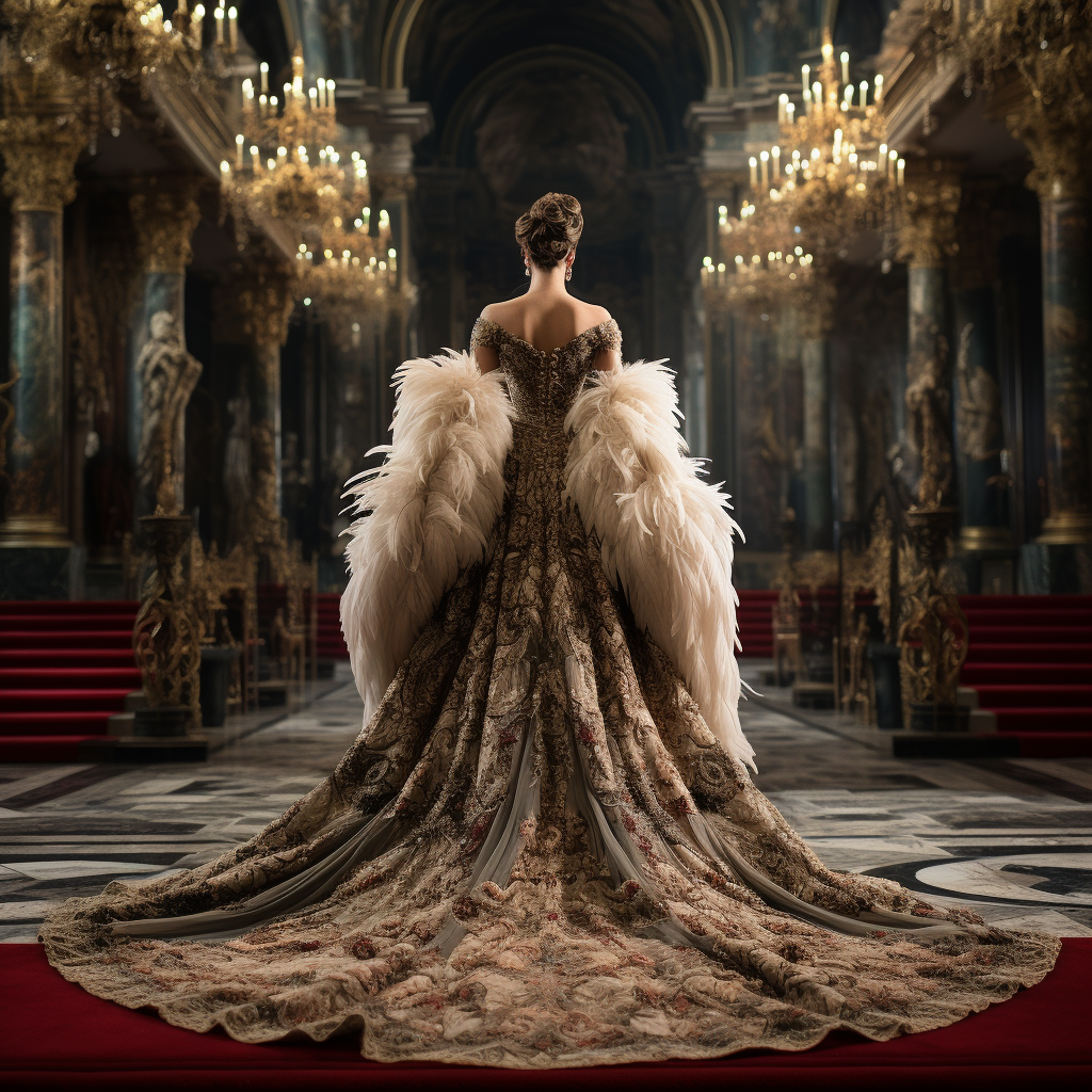 Empress in elegant gown and fur walking to throne