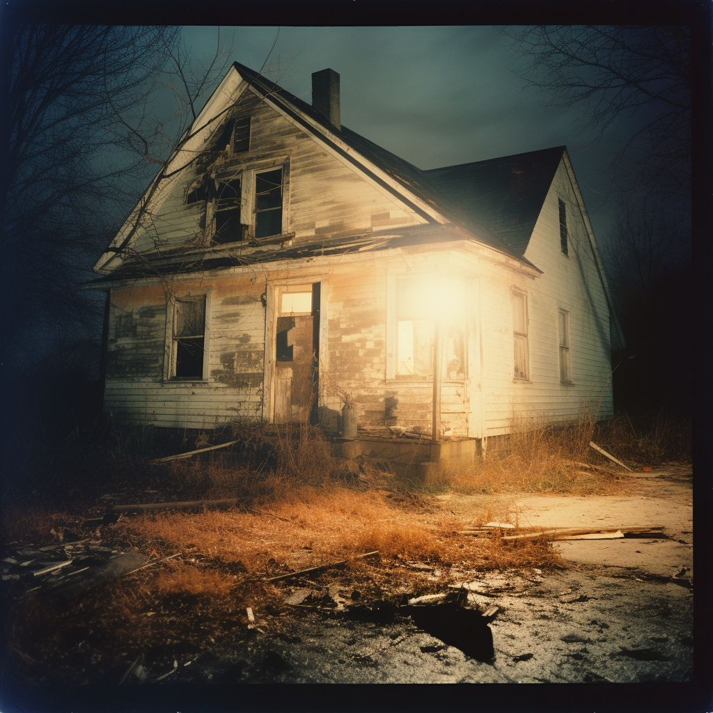 Eerie night scene of empty abandoned house