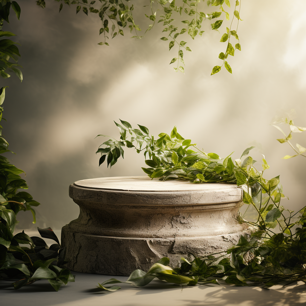 Minimal pedestal with artistic background and green leaves