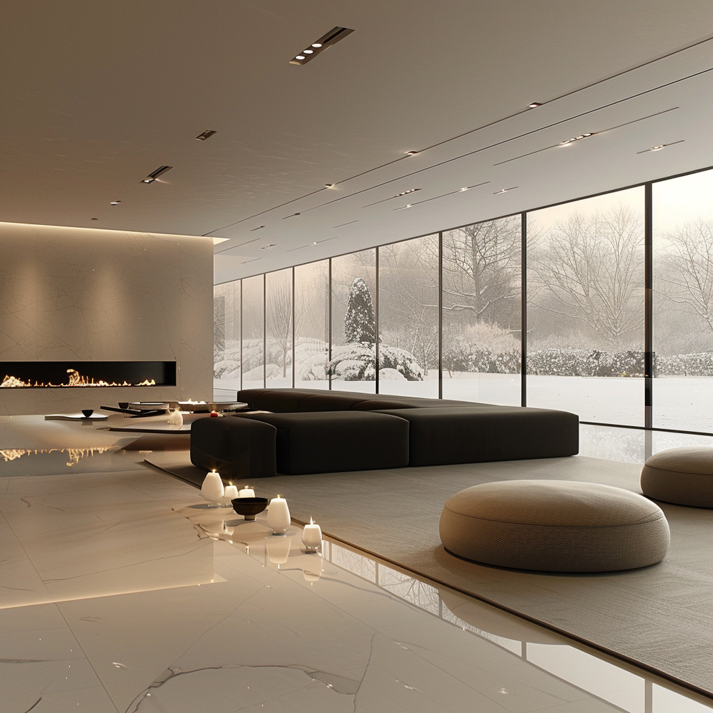 Beige Room Black Sofa Snowy Landscape