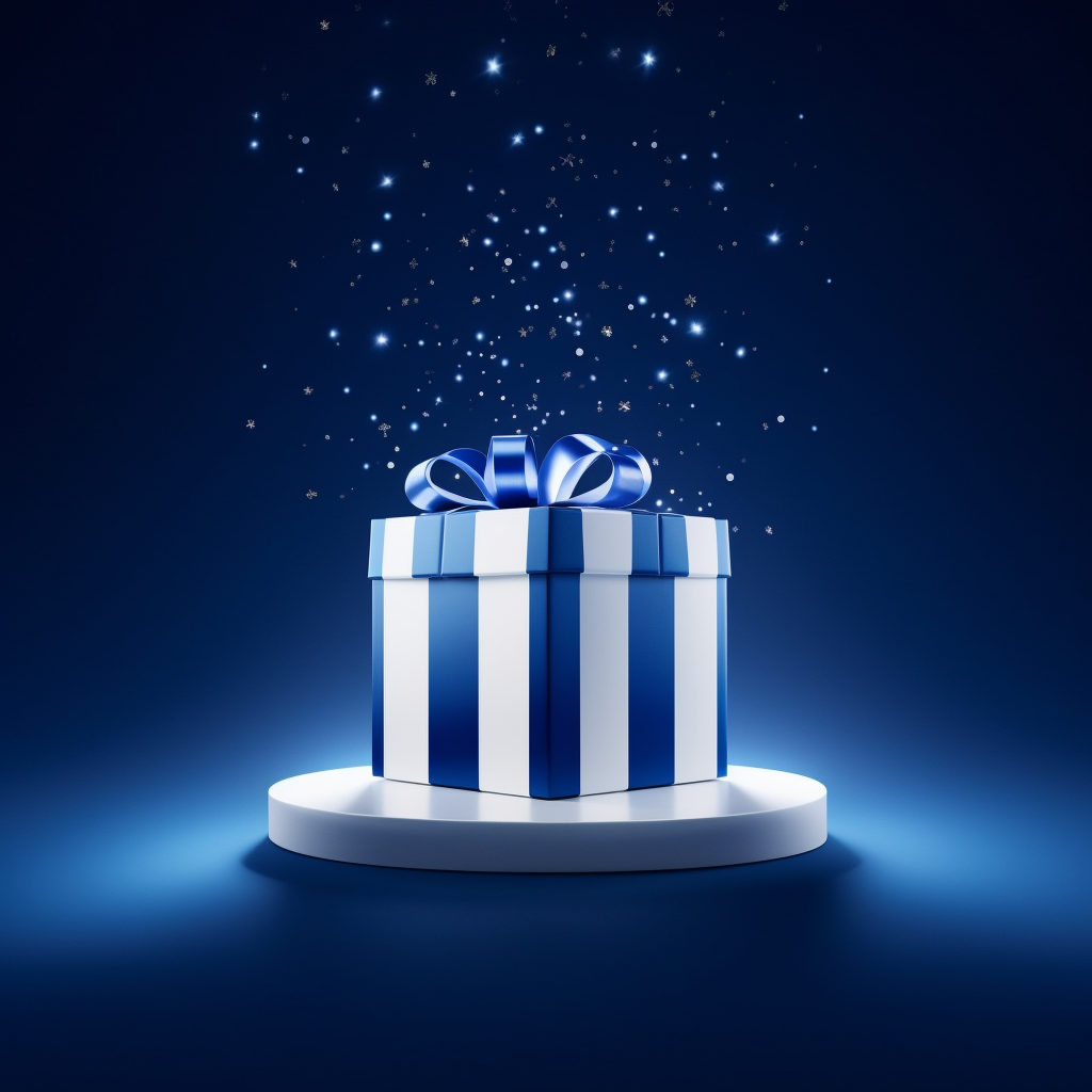 Empty blue white square gift box with stripes