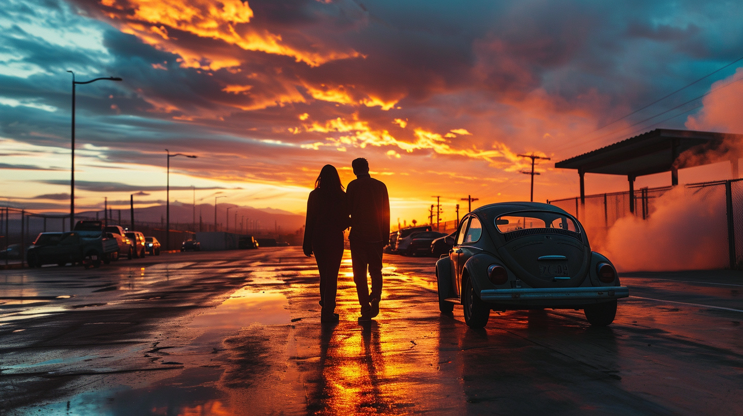 Elon Musk and Greta Thunberg watching Volkswagen Beetle burnout