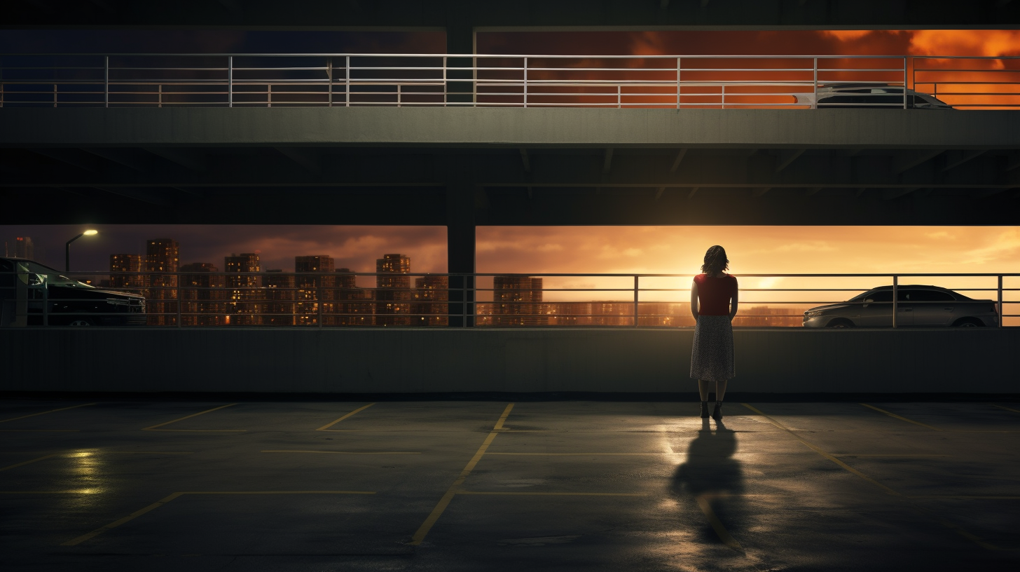 Woman leaning over city parking garage edge