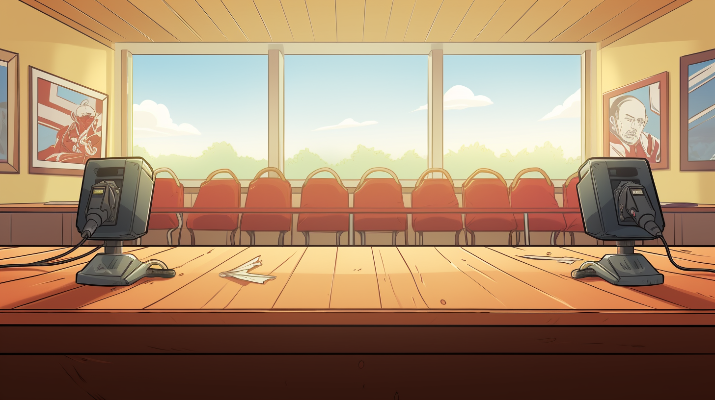 Cartoon-style empty football press conference table