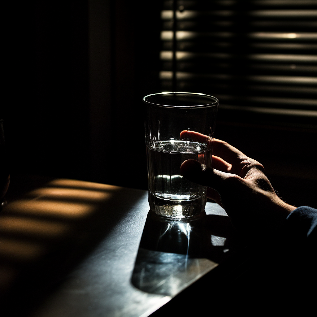 Empty glass on bedside table with shadowed hand