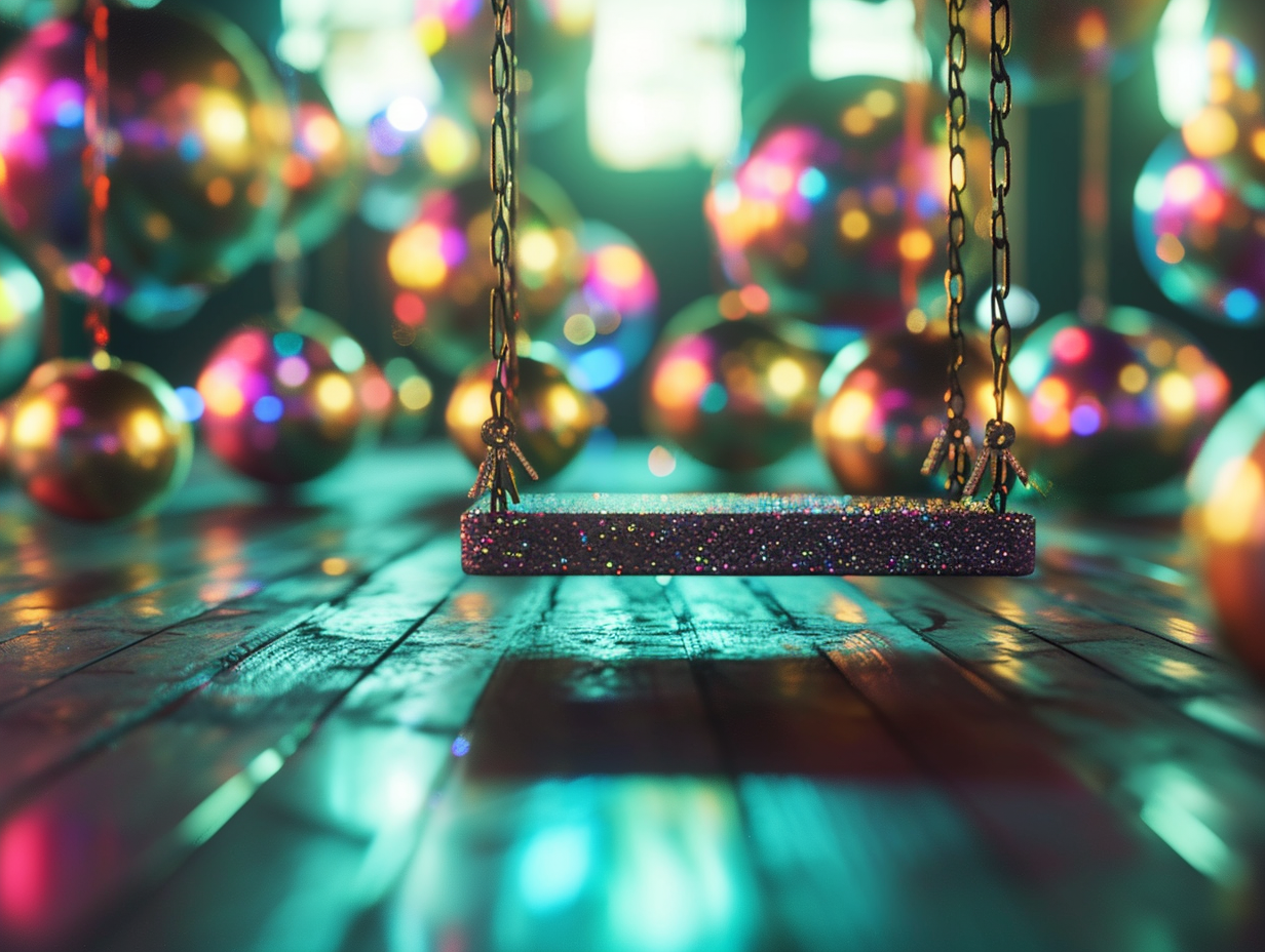 Empty hanging swing in disco ball-filled room