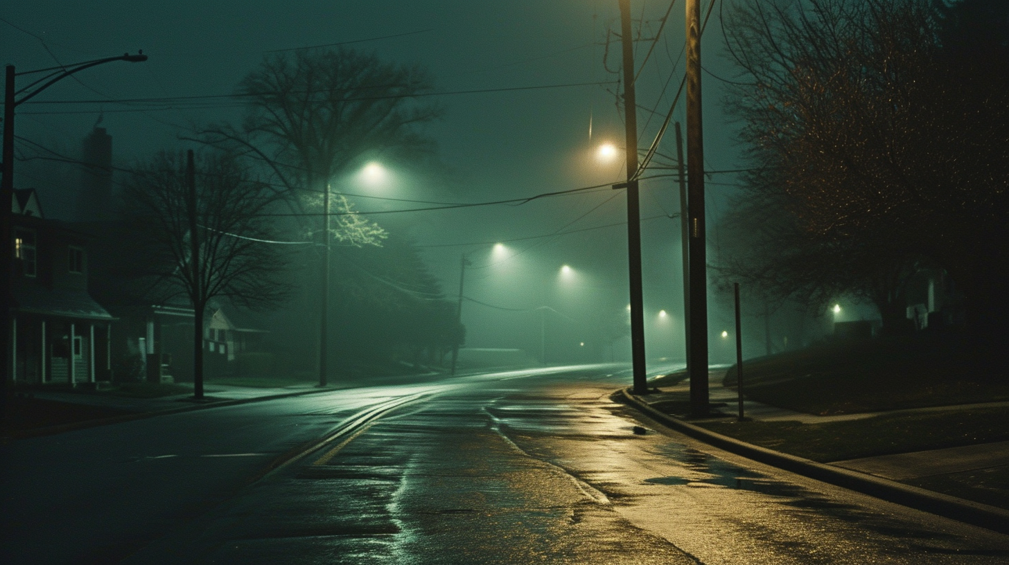 Desolate suburban street illuminated by streetlamps