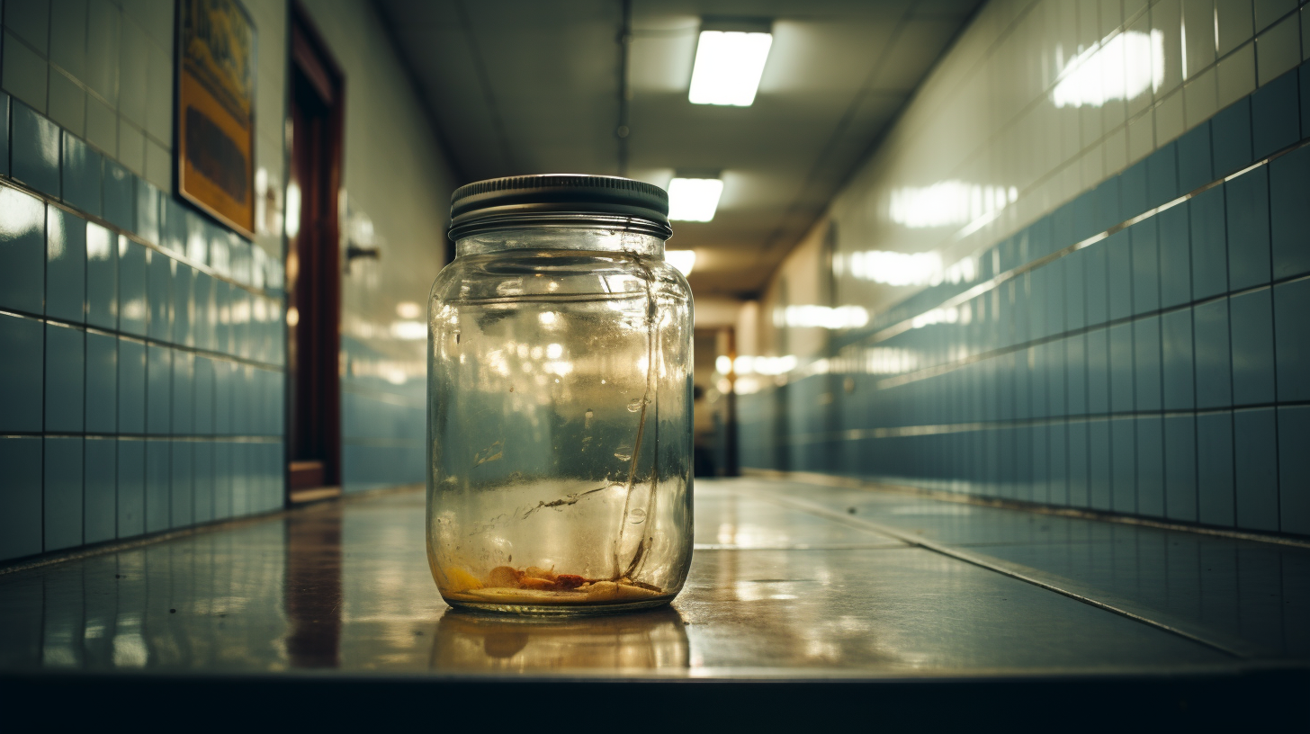 Closeup of Empty Jar in Public Restroom Sink