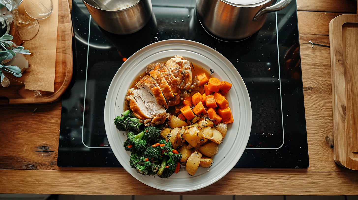 Empty kitchen worktop with overflowing roast dinner plate