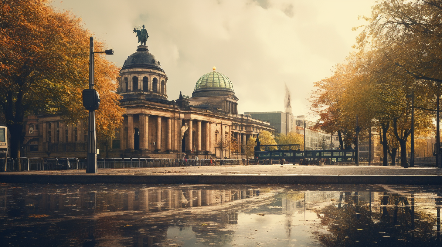 A painterly picture of an empty public city square in Berlin