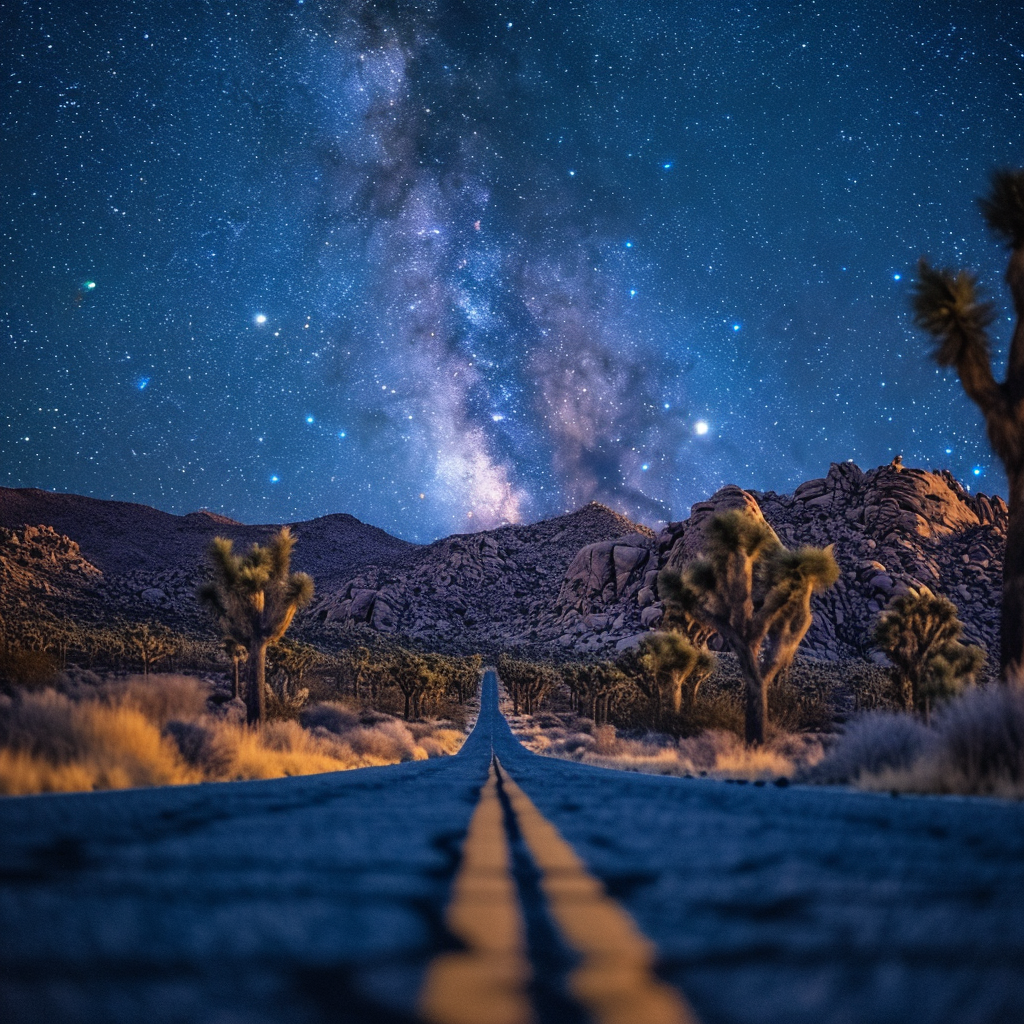 Night Stars Trees on Empty Road