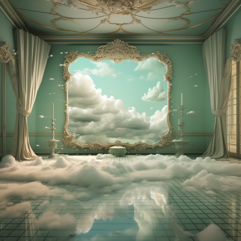 Ornate mirror in dreamy cloud-filled room