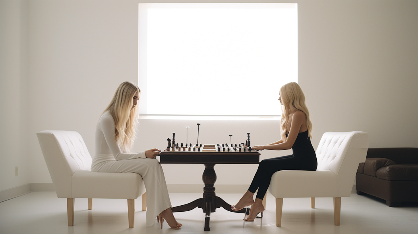 Two women playing chess in modern furnished empty room