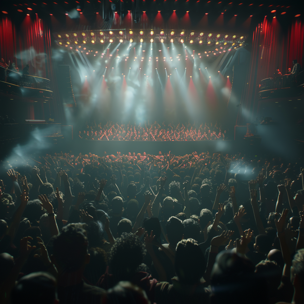 Stage surrounded by cheering crowd