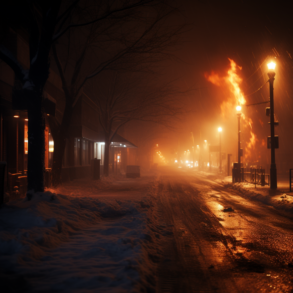 Empty street on fire during snowstorm at night