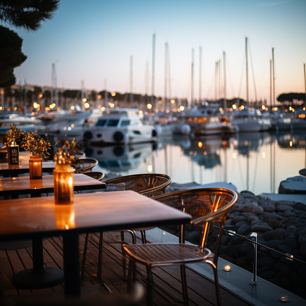 Romantic evening in harbor promenade