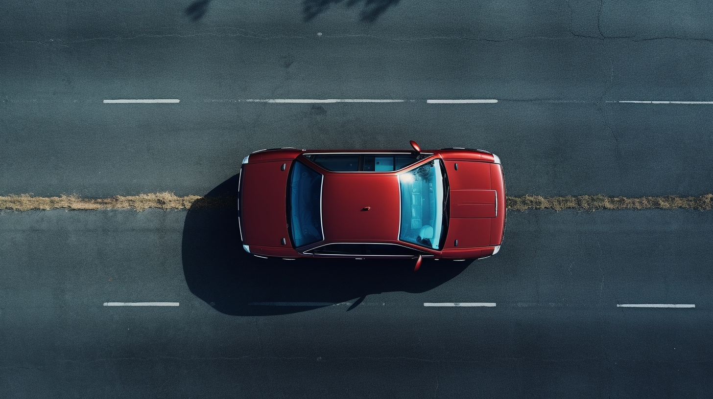 Aerial view of a single car on empty tarmac