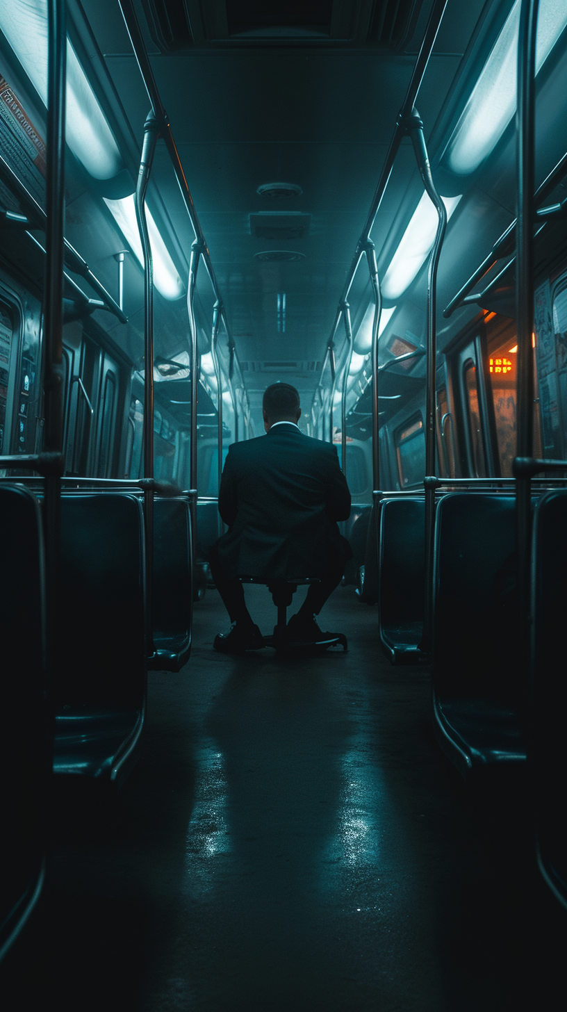 American man in creepy empty train