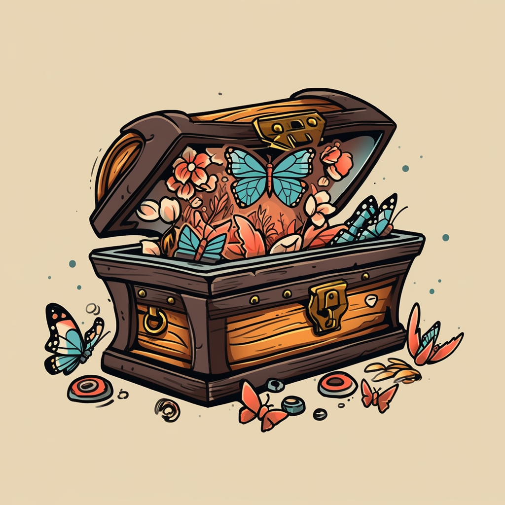 Vintage tattoo of an empty treasure chest with moths