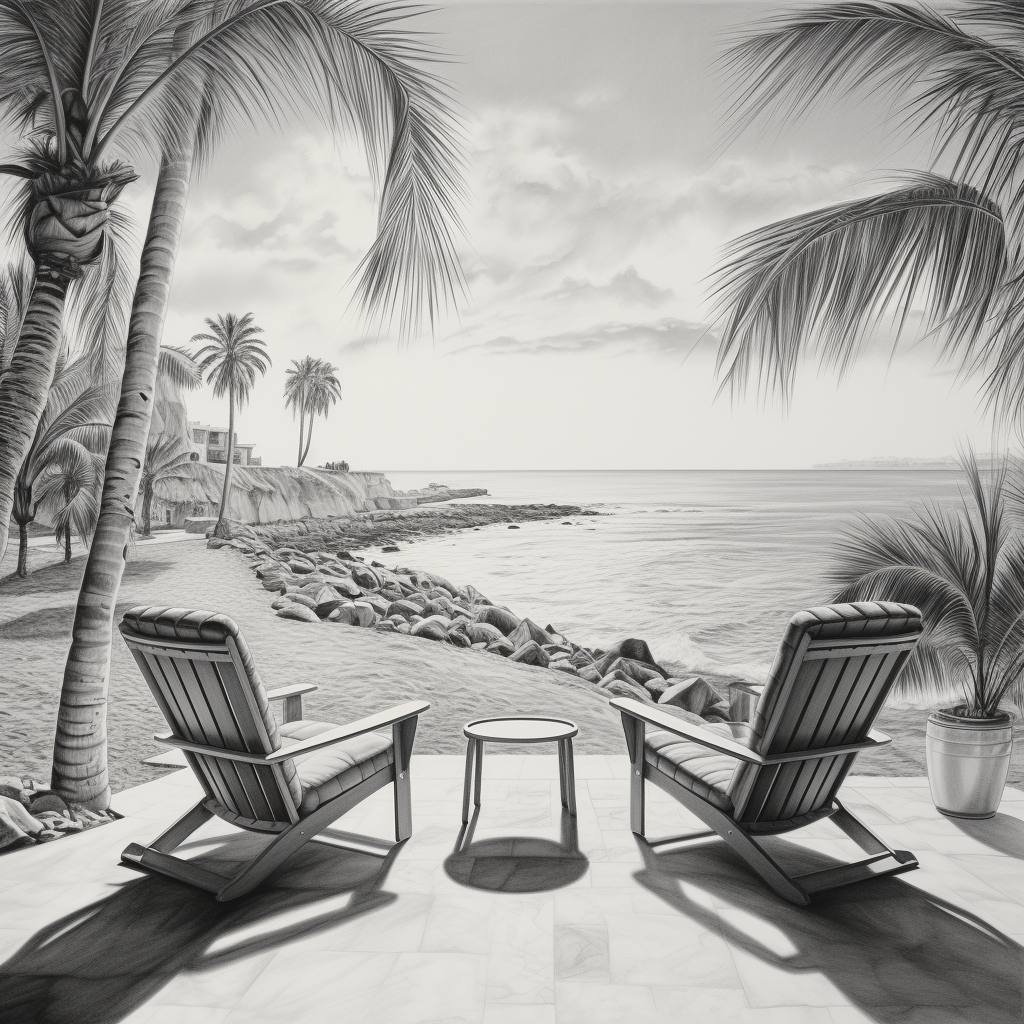 Two empty chairs overlooking the beach