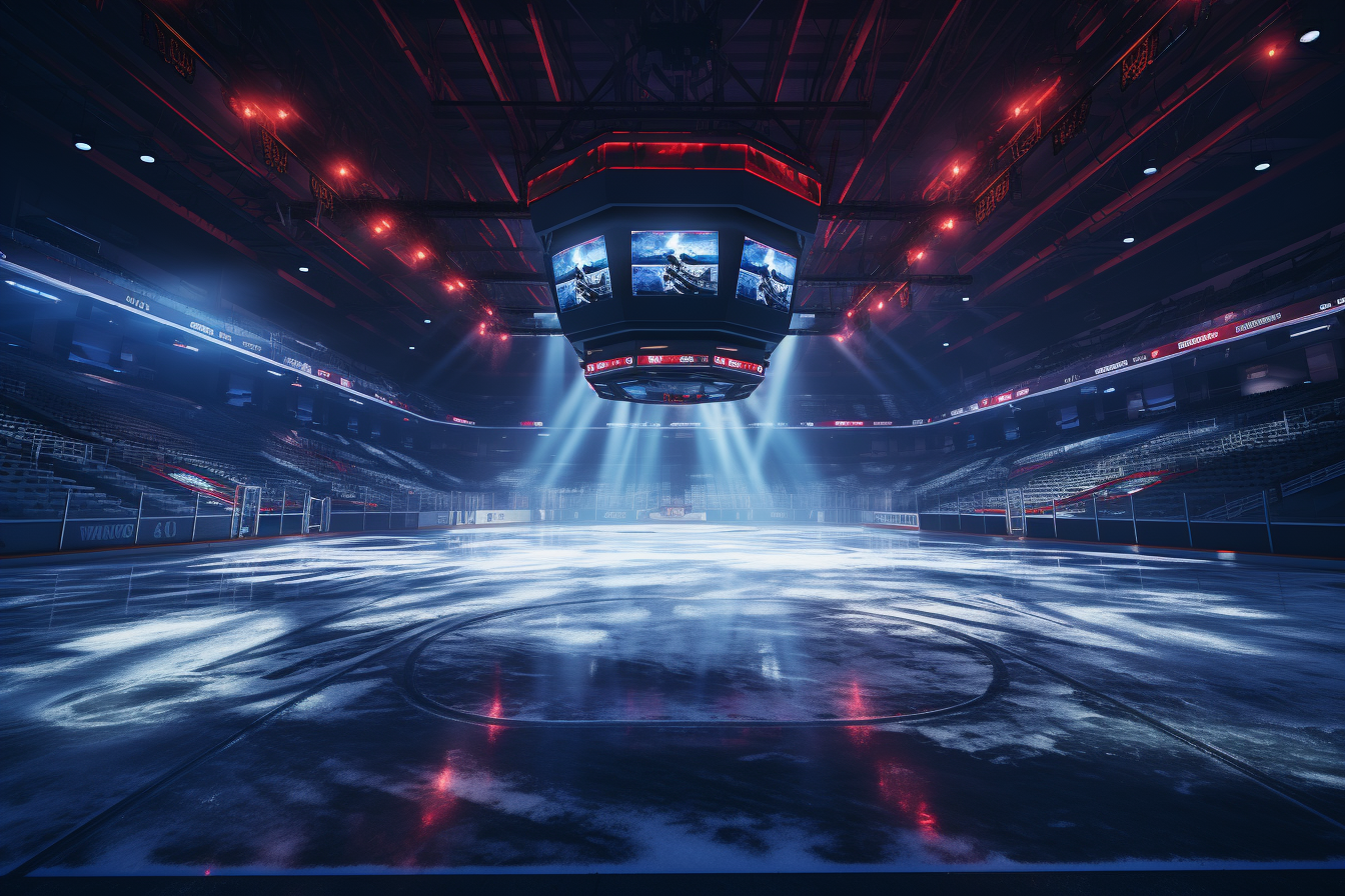 Epic arena lighting illuminates empty hockey rink