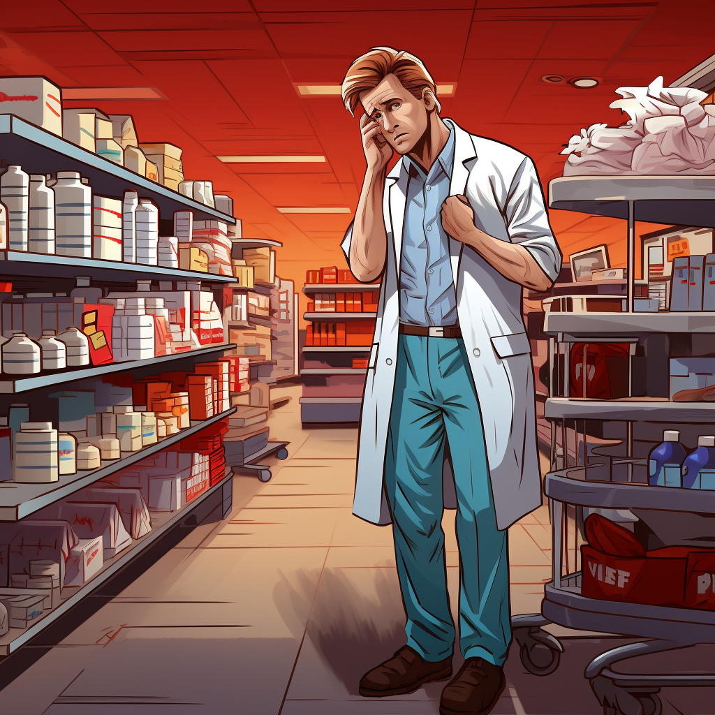 Pharmacist with Wallet and Empty Shelves in Supermarket