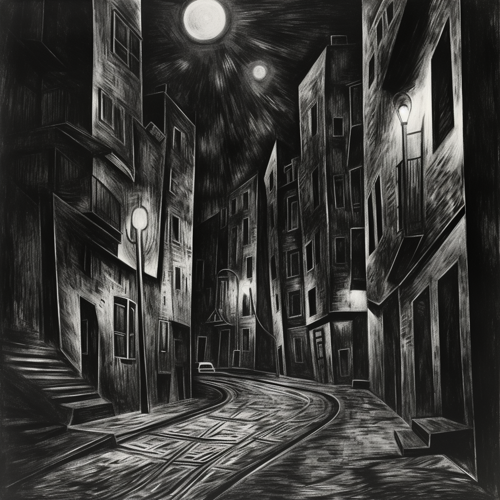 Rough pencil sketch of empty street at night in 1940