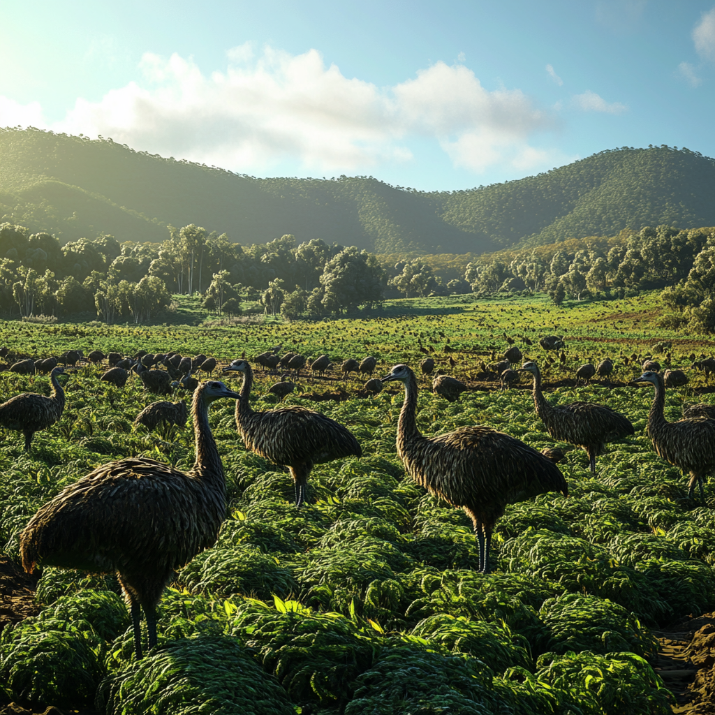 Emus pecking at green crops