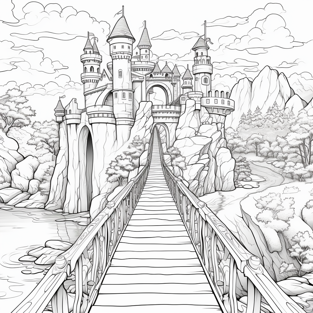 Enchanted bridge and mysterious castle coloring page