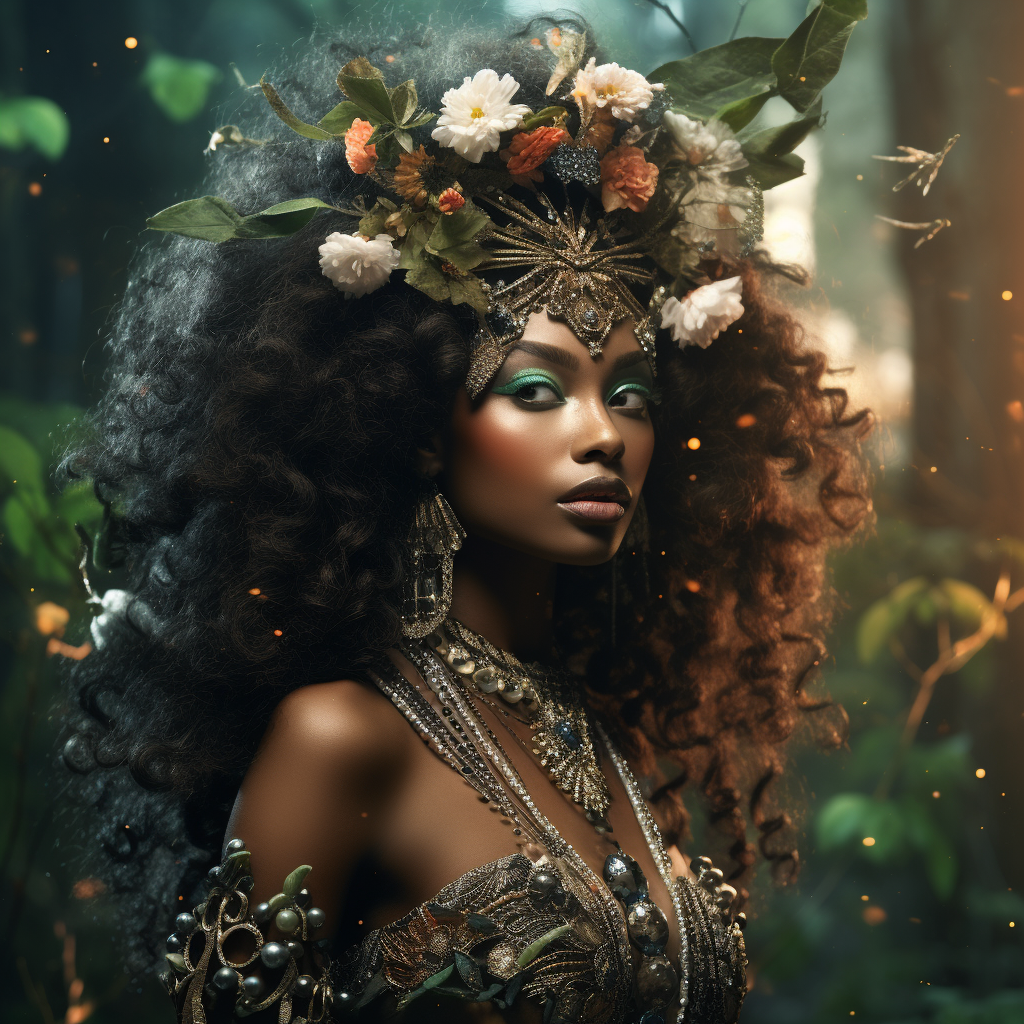 Beautiful black woman in enchanted forest