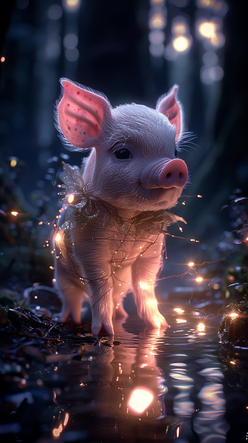 Baby piglet in enchanted forest