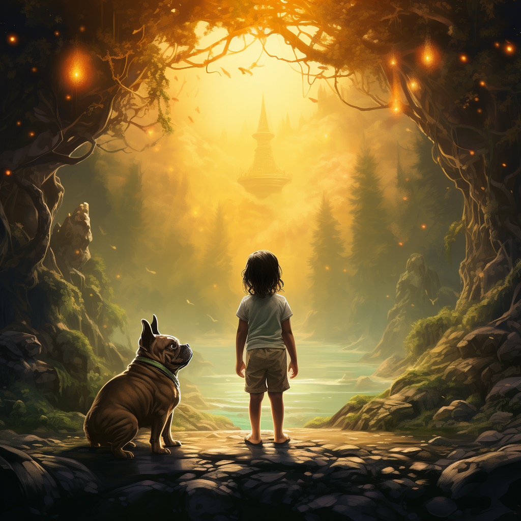 Little girl and French Bulldog in enchanted forest