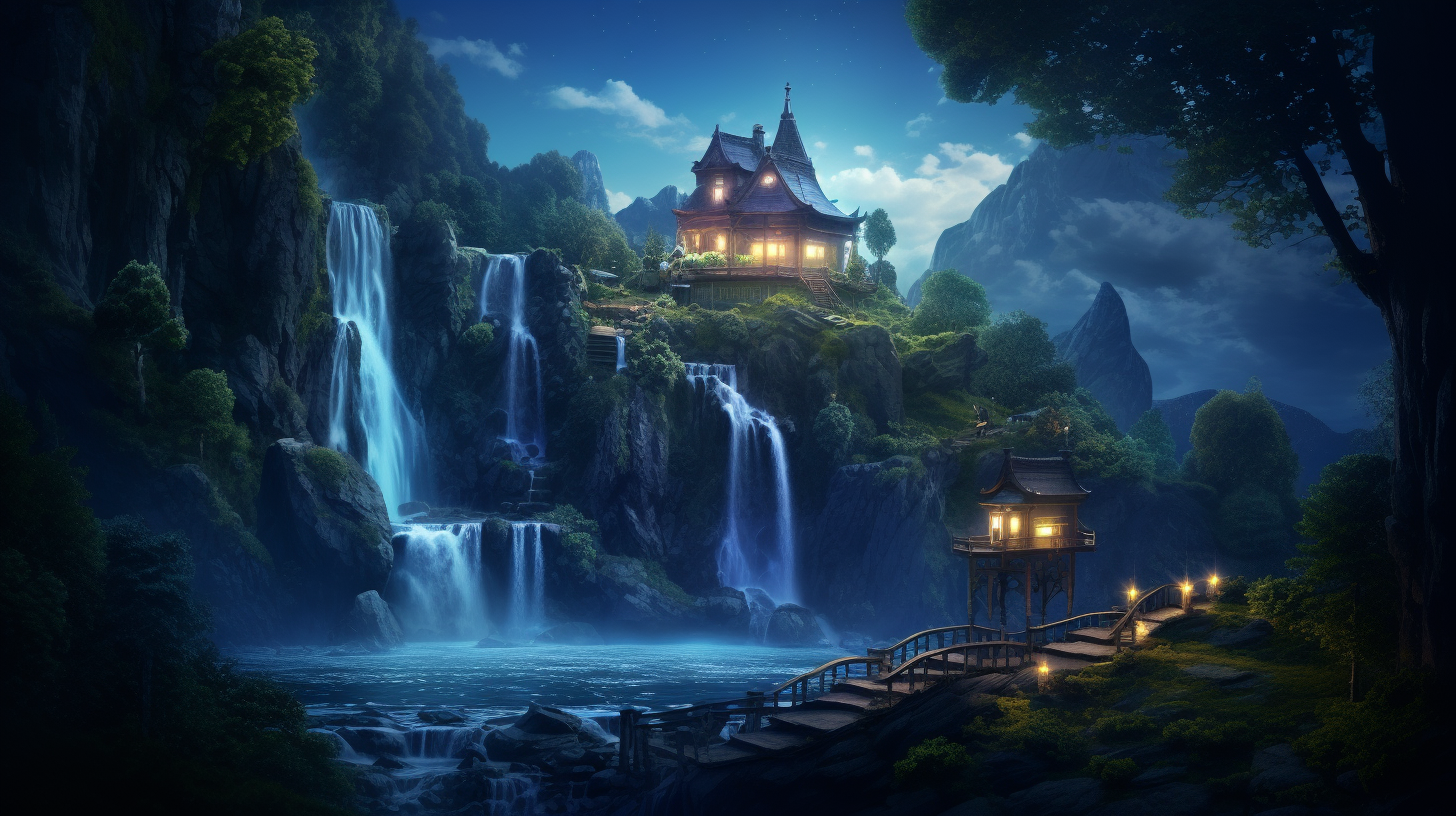 House on Hill with Enchanting Waterfall