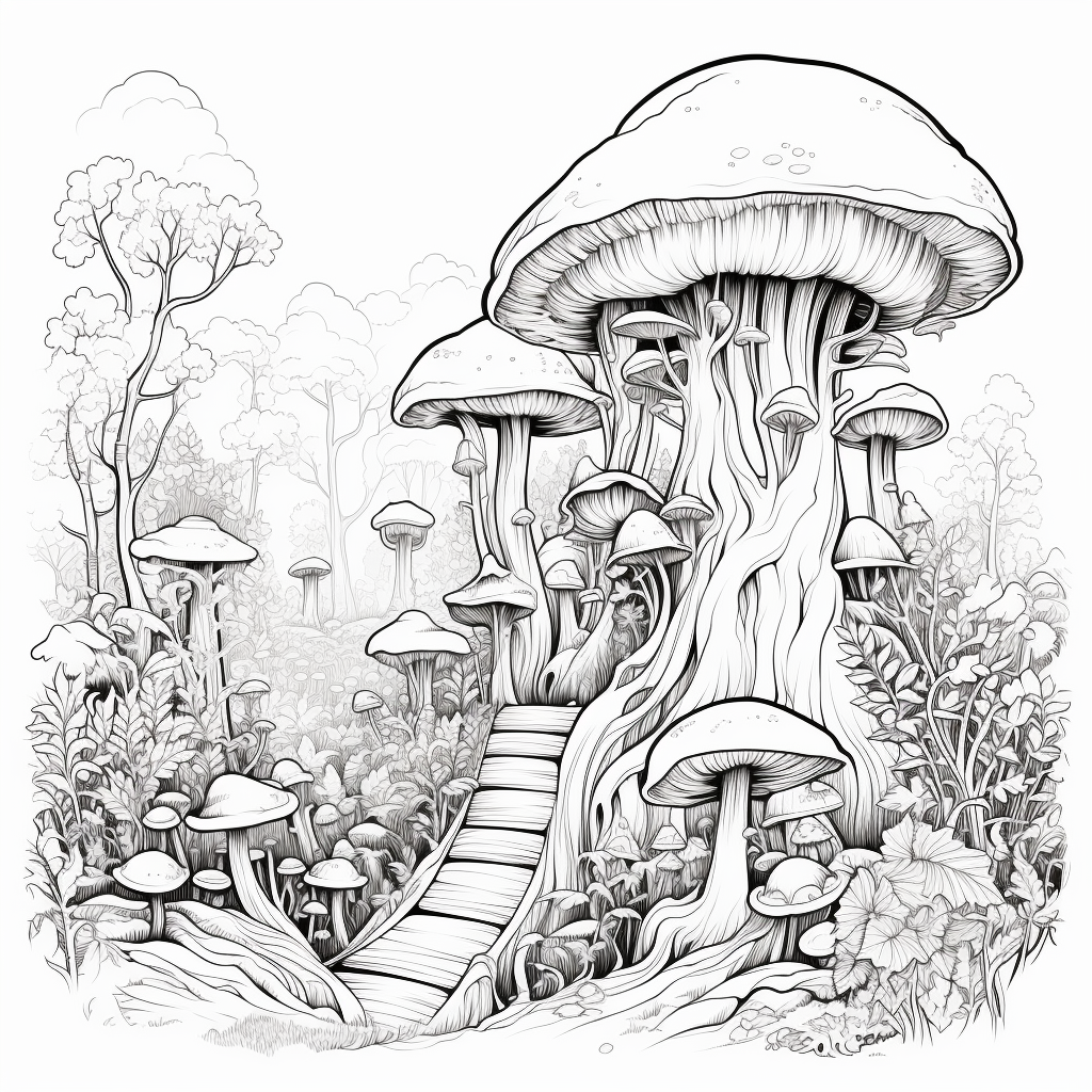 Black and white enchanted forest lineart