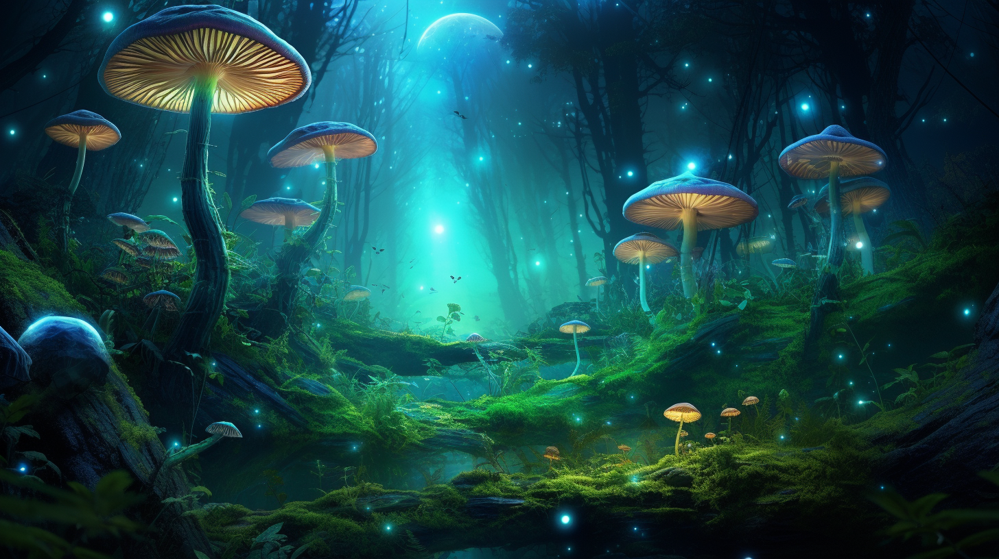 Vibrant enchanted forest mushroom scene