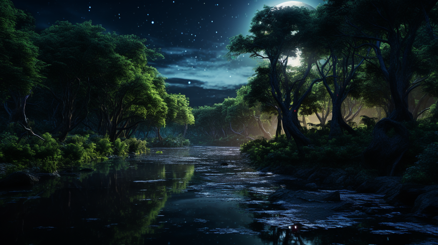 Enchanted forest with moonlit river