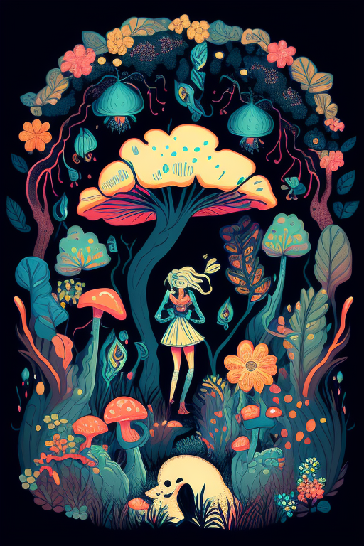 Enchanted Forest with Hallucinogenic Mushrooms and Fairies