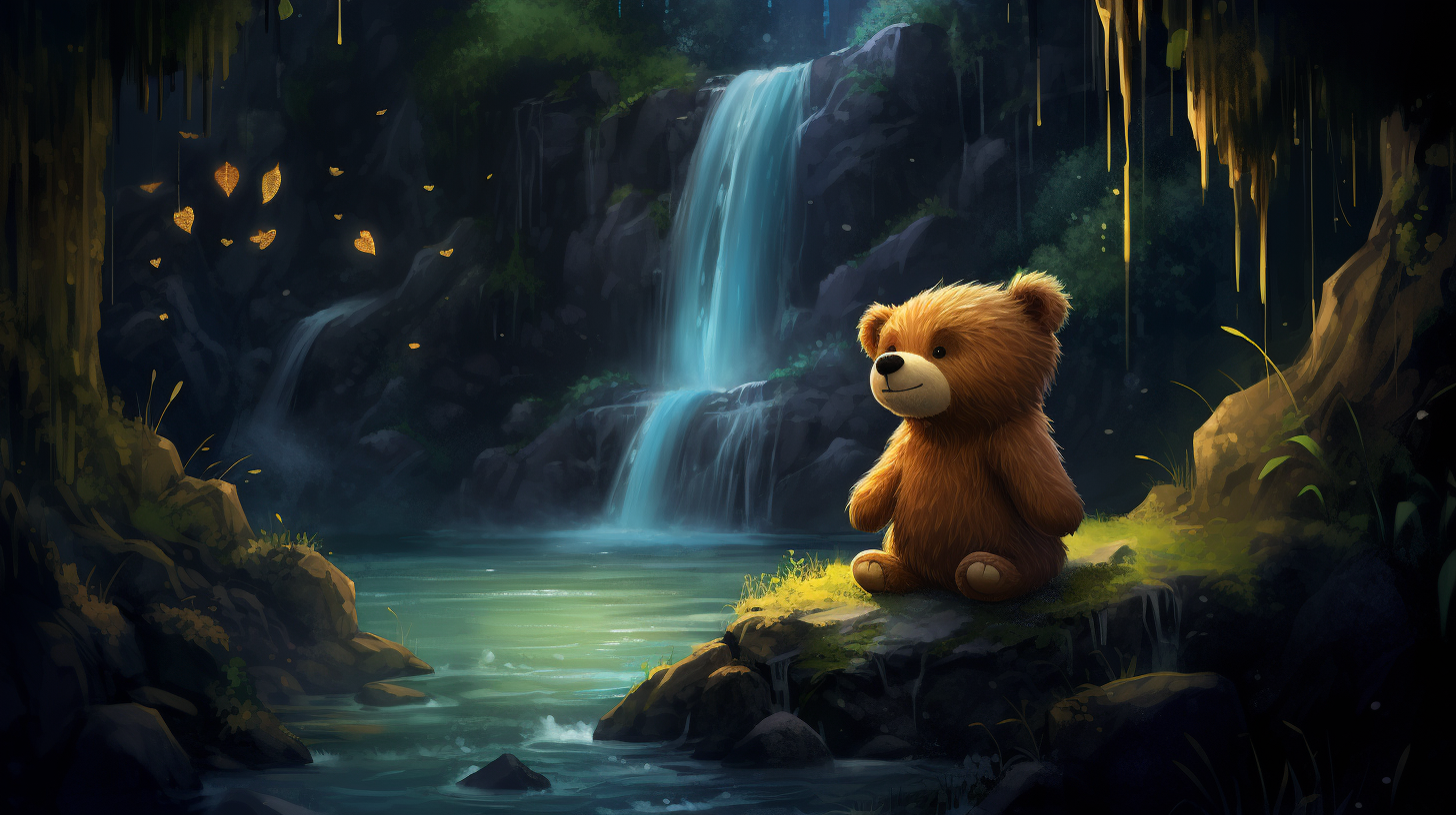 Teddy watching night waterfall in enchanted forest