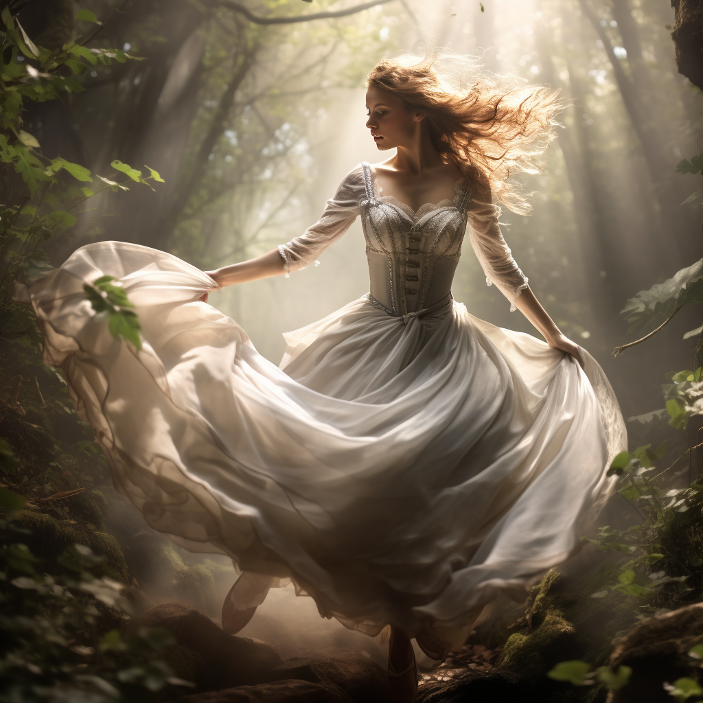 Woman running in enchanted forest