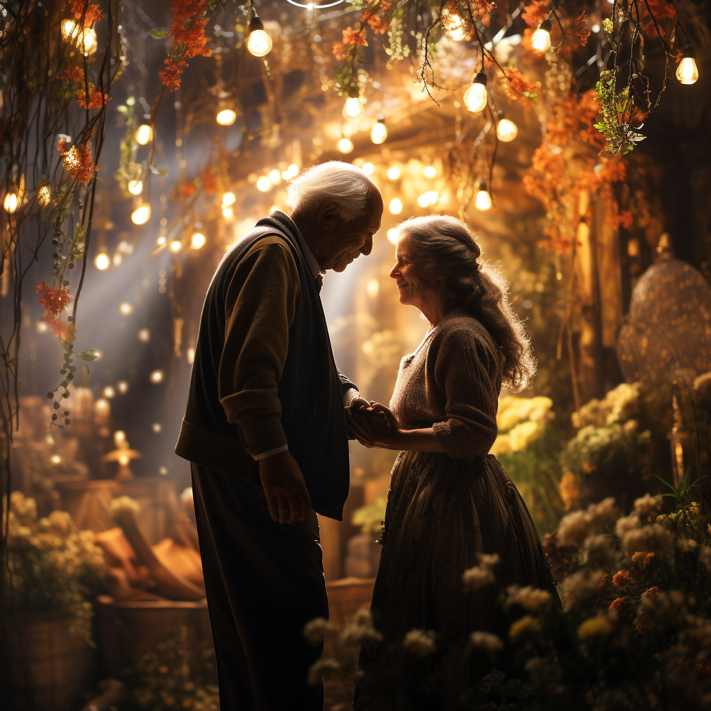 Elderly couple holding hands in enchanted garden