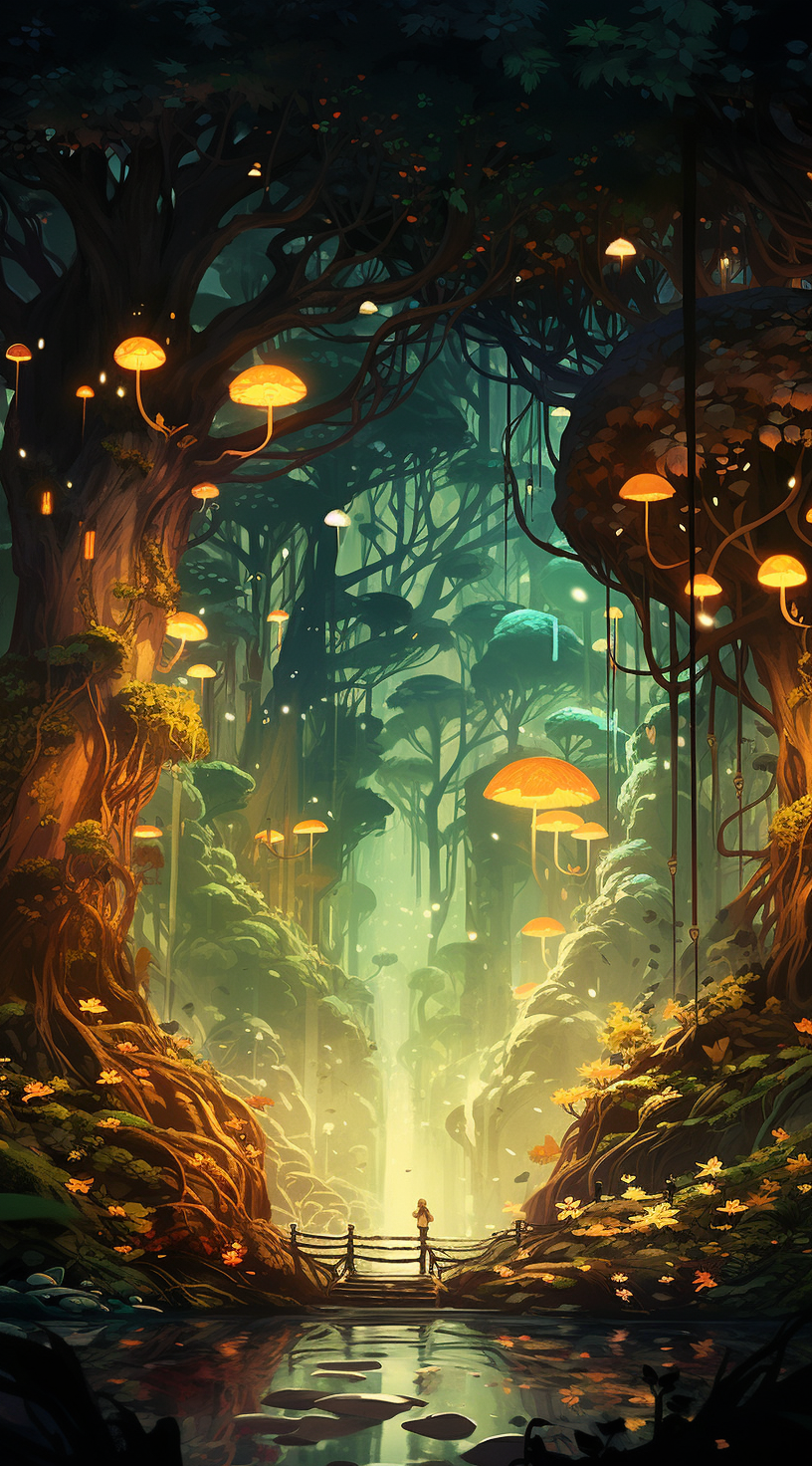 Enchanted forest with hidden animals and neon art