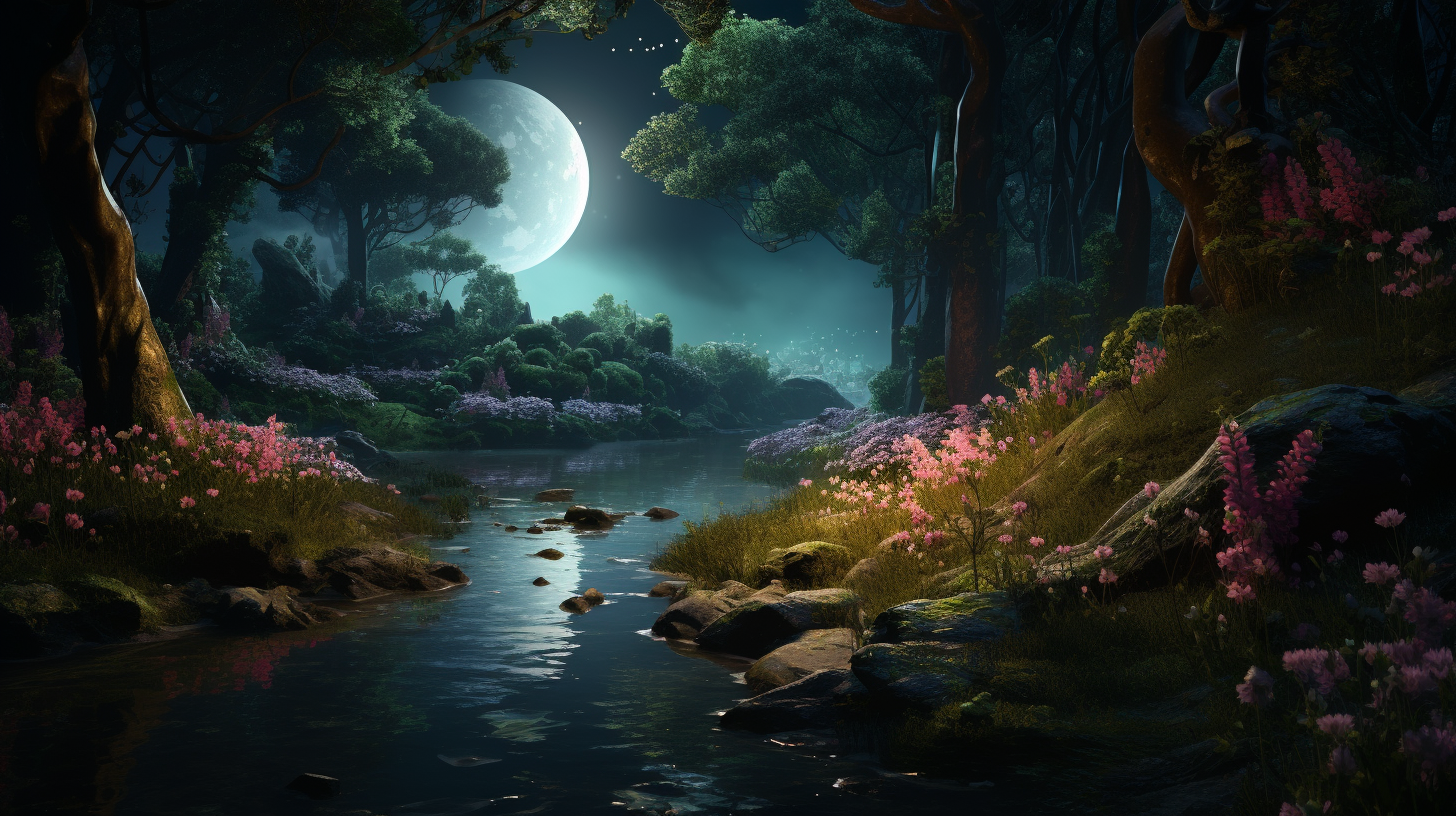 Enchanted forest with river and flowers