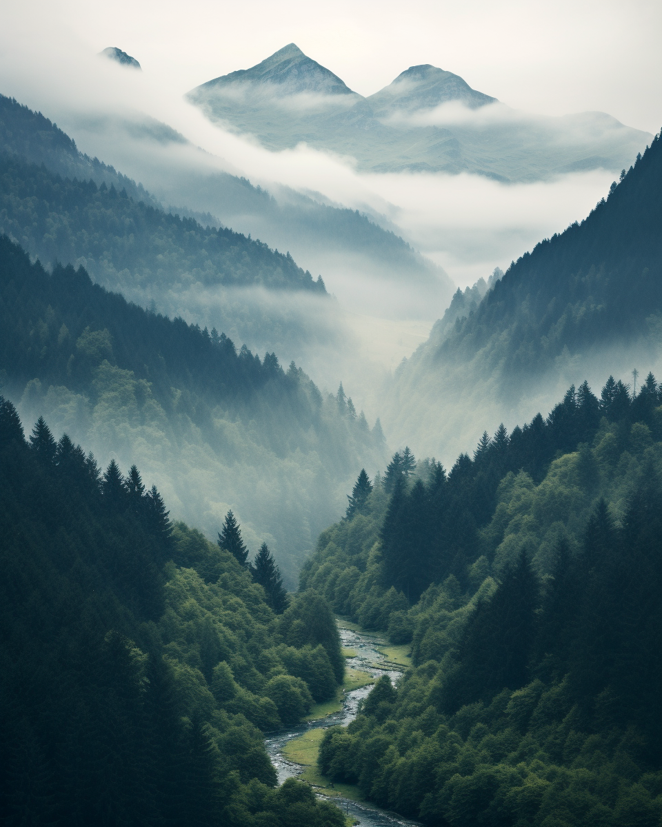 Enchanted misty forest valley mountains